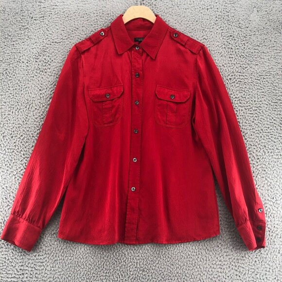 Talbots Tops - Talbots Shirt Womens 8 Red Satin Textured Button Up Collar Long Sleeves Pockets